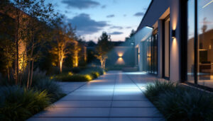 A photograph of a modern outdoor space illuminated by a powerful