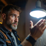 A photograph of a lighting contractor examining a poorly installed led indoor light fixture