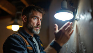 A photograph of a lighting contractor examining a poorly installed led indoor light fixture