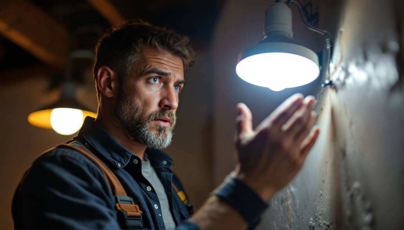 A photograph of a lighting contractor examining a poorly installed led indoor light fixture