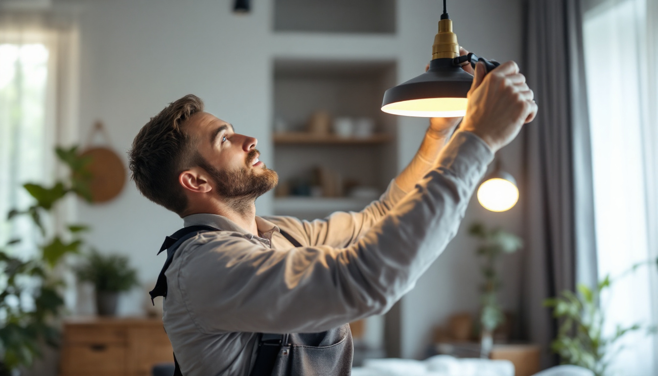 A photograph of a skilled lighting contractor expertly hanging a stylish light fixture in a well-lit