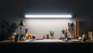 A photograph of a well-lit workspace featuring a u-shaped fluorescent tube prominently displayed