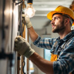 A photograph of a skilled lighting contractor at work
