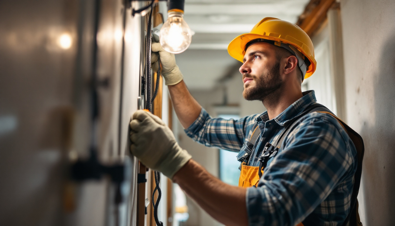 A photograph of a skilled lighting contractor at work