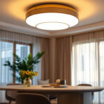 A photograph of a stylish and modern flush mount light fixture installed in a beautifully designed room