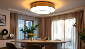 A photograph of a stylish and modern flush mount light fixture installed in a beautifully designed room