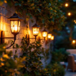 A photograph of a beautifully illuminated outdoor space featuring a variety of wall-mounted solar lanterns