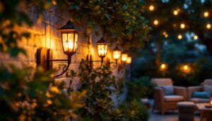 A photograph of a beautifully illuminated outdoor space featuring a variety of wall-mounted solar lanterns