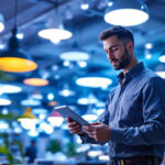 A photograph of a professional lighting contractor examining various commercial lighting options in a well-lit showroom