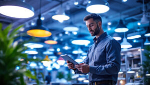 A photograph of a professional lighting contractor examining various commercial lighting options in a well-lit showroom