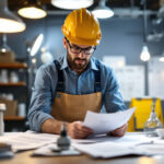 A photograph of a lighting contractor examining various compliance-related documents and codes while surrounded by different types of lighting fixtures