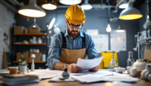 A photograph of a lighting contractor examining various compliance-related documents and codes while surrounded by different types of lighting fixtures