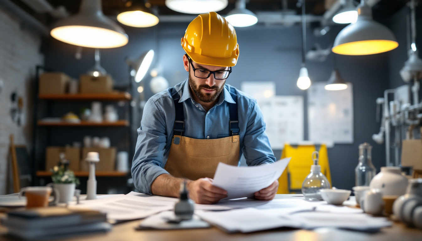 A photograph of a lighting contractor examining various compliance-related documents and codes while surrounded by different types of lighting fixtures