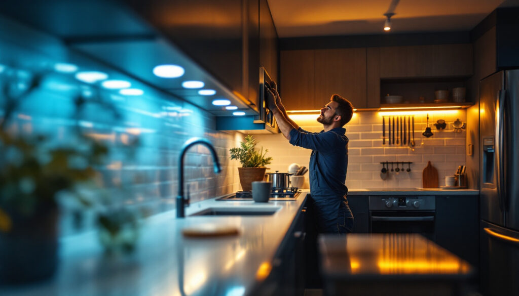 A photograph of a beautifully lit kitchen showcasing under counter led lights in action