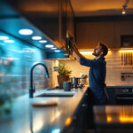 A photograph of a beautifully lit kitchen showcasing under counter led lights in action