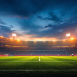 A photograph of a well-lit football field at dusk