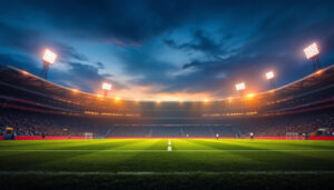 A photograph of a well-lit football field at dusk