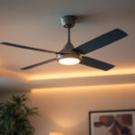 A photograph of a modern ceiling fan installed in a stylish room setting