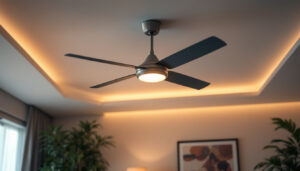 A photograph of a modern ceiling fan installed in a stylish room setting