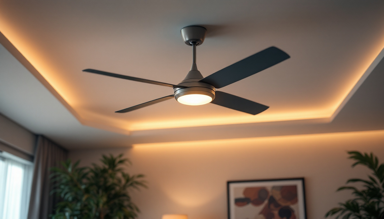 A photograph of a modern ceiling fan installed in a stylish room setting