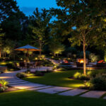 A photograph of a beautifully illuminated outdoor landscape at dusk