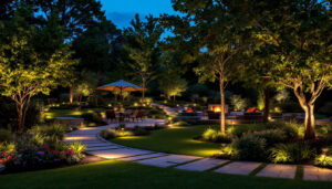 A photograph of a beautifully illuminated outdoor landscape at dusk