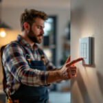 A photograph of a lighting contractor skillfully installing a smart switch in a modern home setting