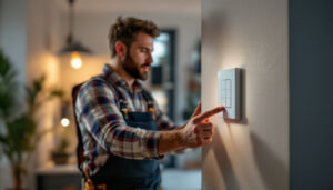 A photograph of a lighting contractor skillfully installing a smart switch in a modern home setting