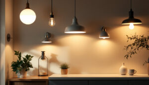 A photograph of a well-lit room showcasing a variety of stylish light fixtures