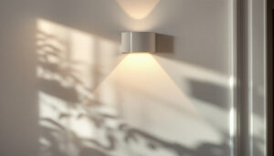 A photograph of a stylish white wall sconce light elegantly illuminating a modern interior space