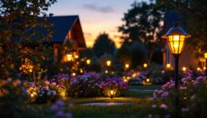 A photograph of a beautifully illuminated garden at dusk
