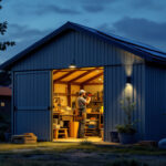 A photograph of a well-lit storage shed at dusk