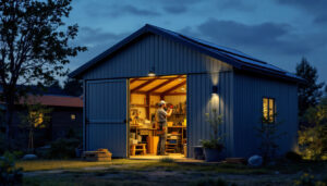A photograph of a well-lit storage shed at dusk