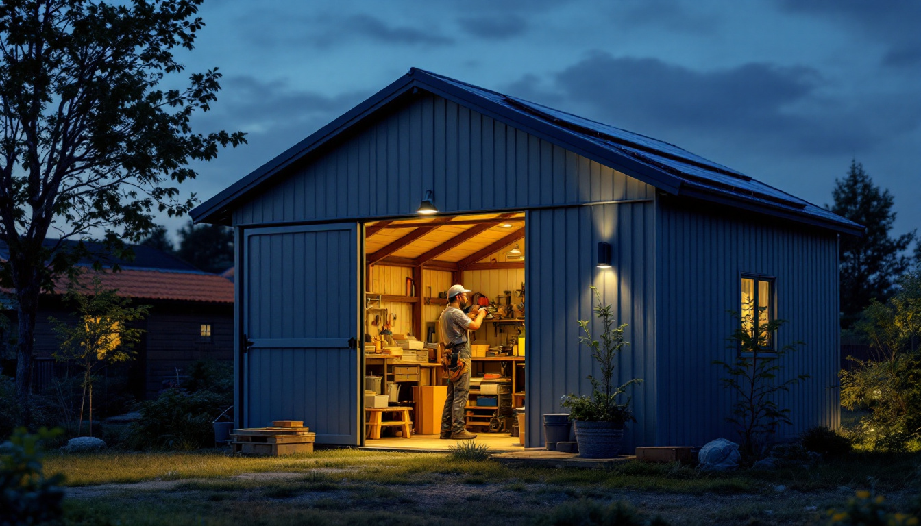 A photograph of a well-lit storage shed at dusk