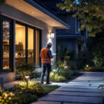 A photograph of a lighting contractor inspecting a well-lit outdoor space featuring clearance solar lights