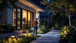 A photograph of a lighting contractor inspecting a well-lit outdoor space featuring clearance solar lights