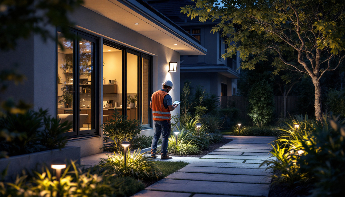 A photograph of a lighting contractor inspecting a well-lit outdoor space featuring clearance solar lights