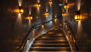 A photograph of a beautifully lit stairway showcasing a variety of lighting options