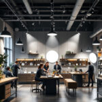 A photograph of a dynamic lighting showroom featuring a variety of commercial lighting fixtures in use