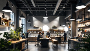 A photograph of a dynamic lighting showroom featuring a variety of commercial lighting fixtures in use