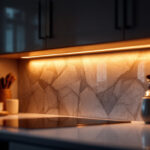 A photograph of capture a photograph of a beautifully illuminated kitchen under-cupboard area featuring sleek led strip lights