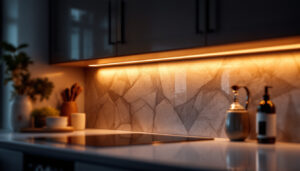A photograph of capture a photograph of a beautifully illuminated kitchen under-cupboard area featuring sleek led strip lights
