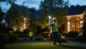 A photograph of a lighting contractor expertly installing or adjusting outdoor lighting fixtures in a beautifully landscaped setting at dusk