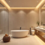A photograph of a beautifully designed bathroom featuring sleek recessed lighting that highlights the space's modern aesthetics