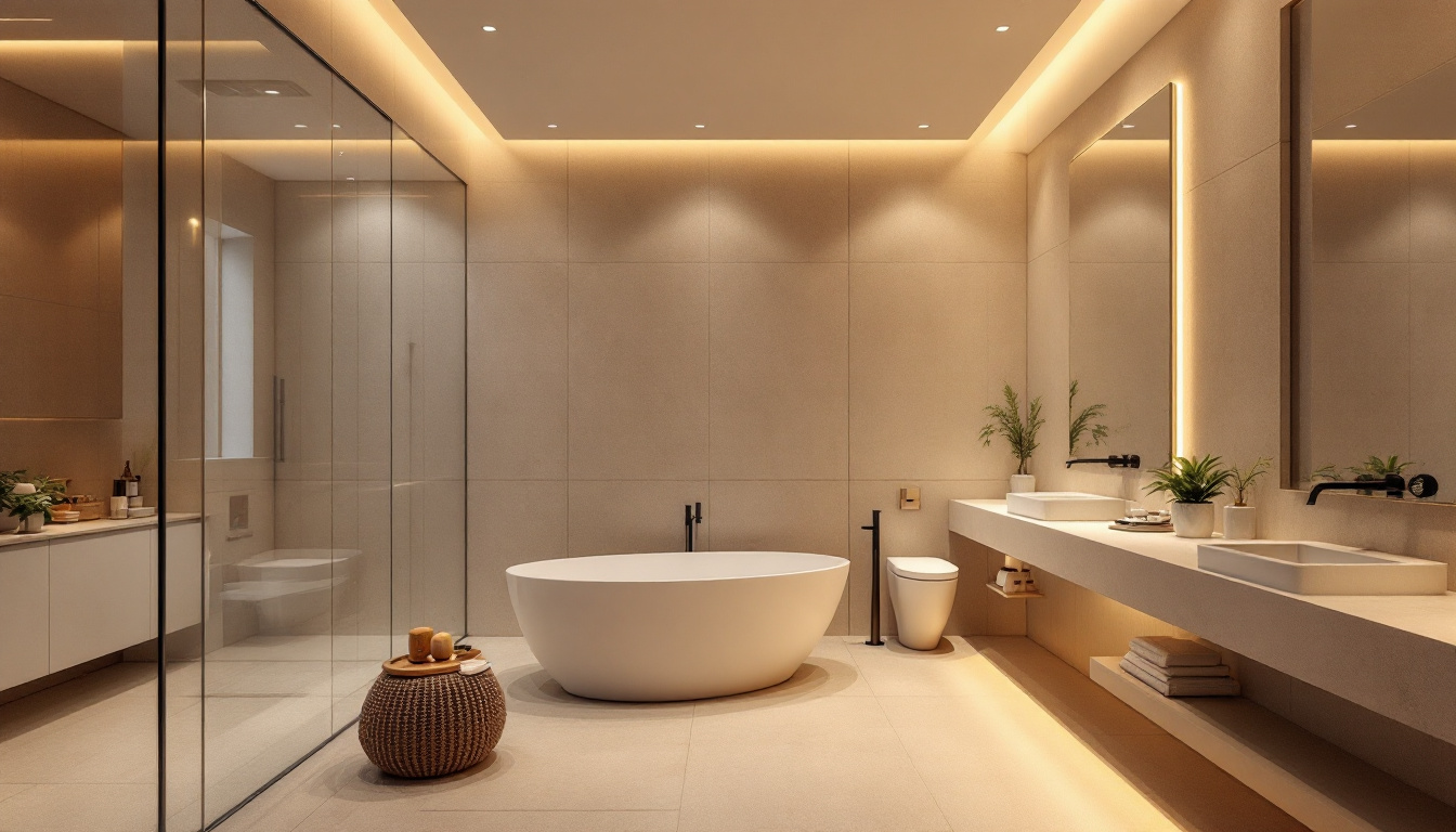 A photograph of a beautifully designed bathroom featuring sleek recessed lighting that highlights the space's modern aesthetics
