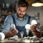 A photograph of a lighting contractor examining a variety of led bulbs in a well-lit workspace