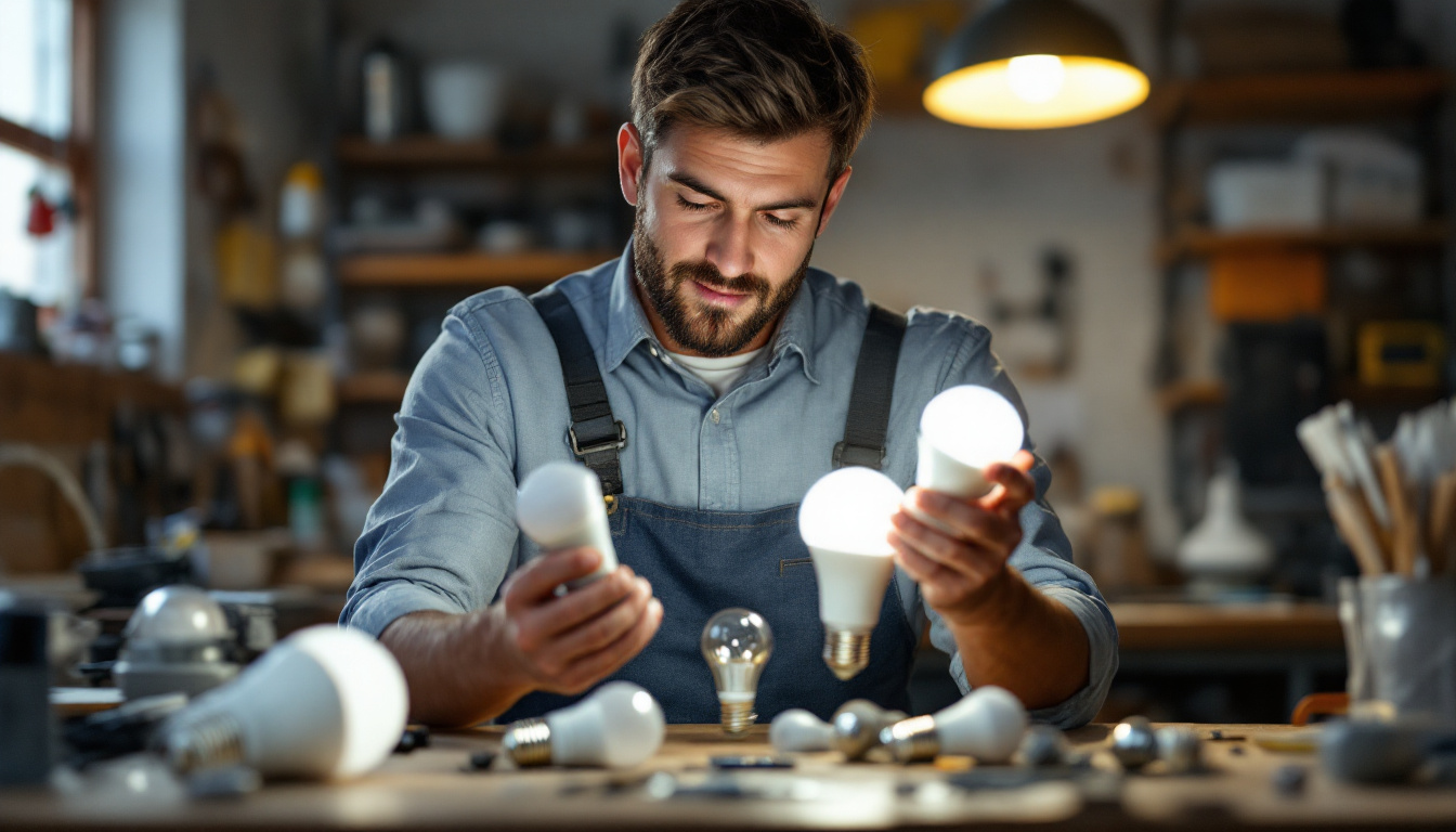 A photograph of a lighting contractor examining a variety of led bulbs in a well-lit workspace