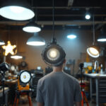 A photograph of a well-lit garage space featuring various types of hanging lights in use