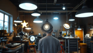 A photograph of a well-lit garage space featuring various types of hanging lights in use