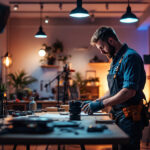 A photograph of a skilled lighting contractor in action